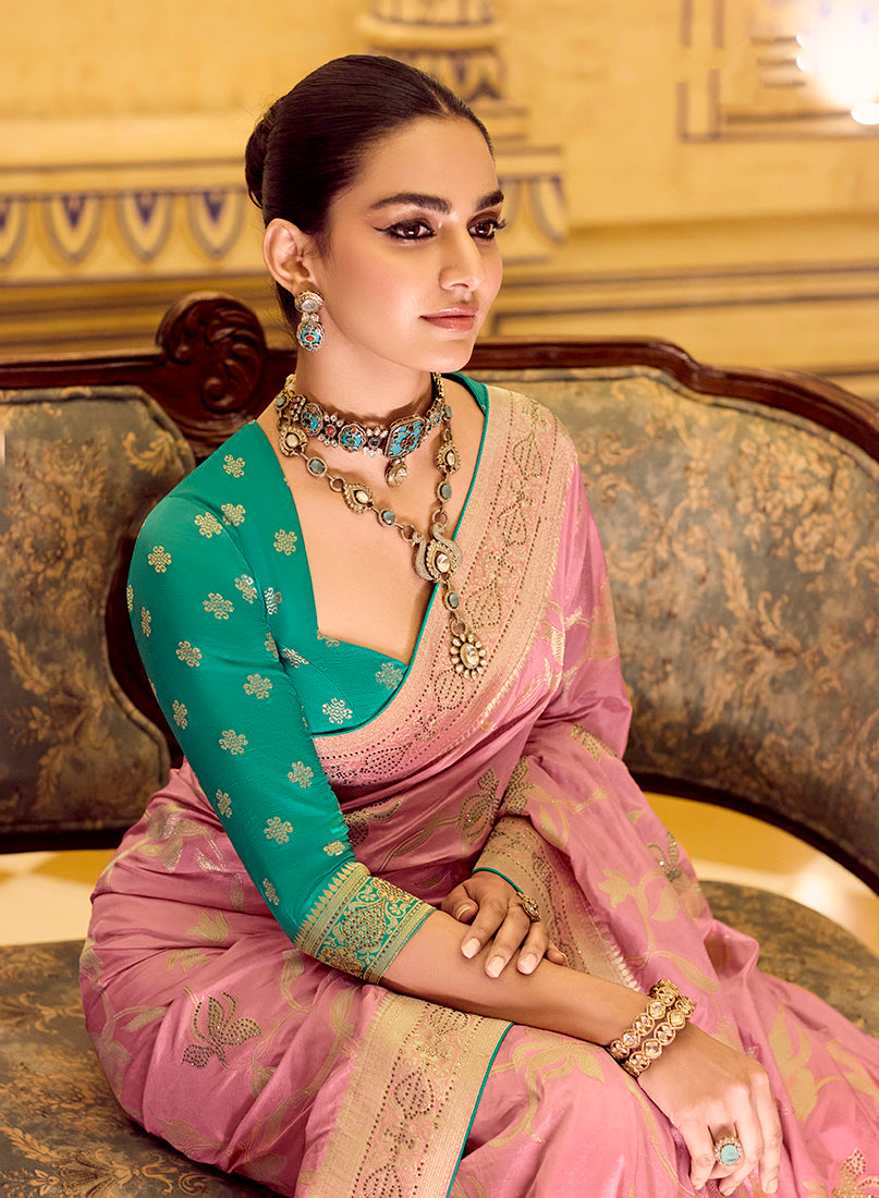 Baby Pink Faux Crepe Silk Saree with Elegant Zari Weaving Work