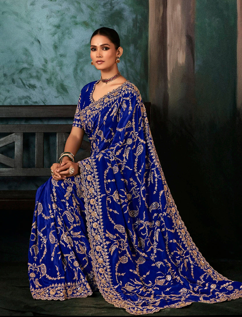 Royal Blue Faux Crepe Embroidery Saree for Weddings & Receptions