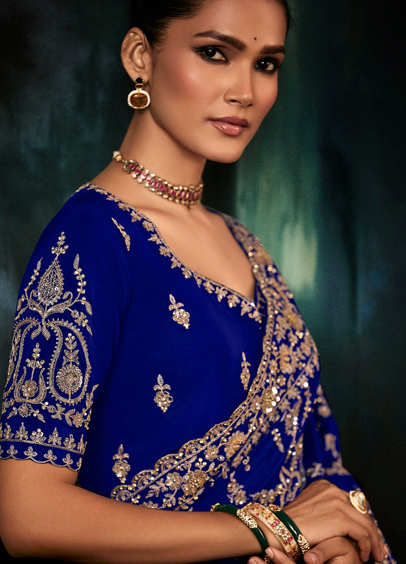 Royal Blue Faux Crepe Embroidery Saree for Weddings & Receptions