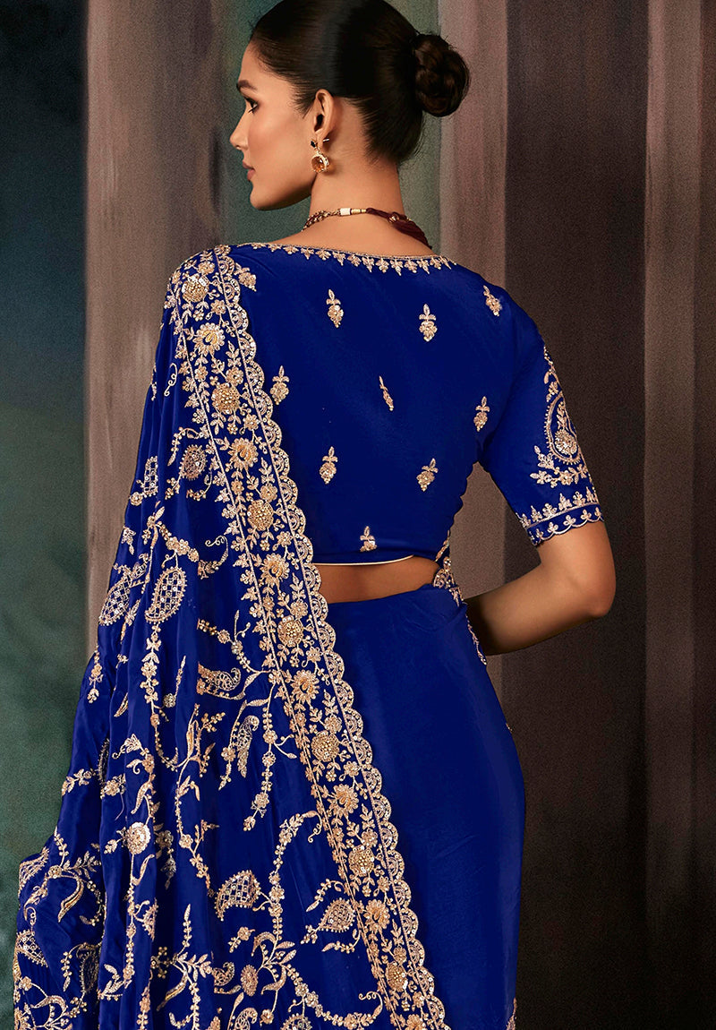 Royal Blue Faux Crepe Embroidery Saree for Weddings & Receptions
