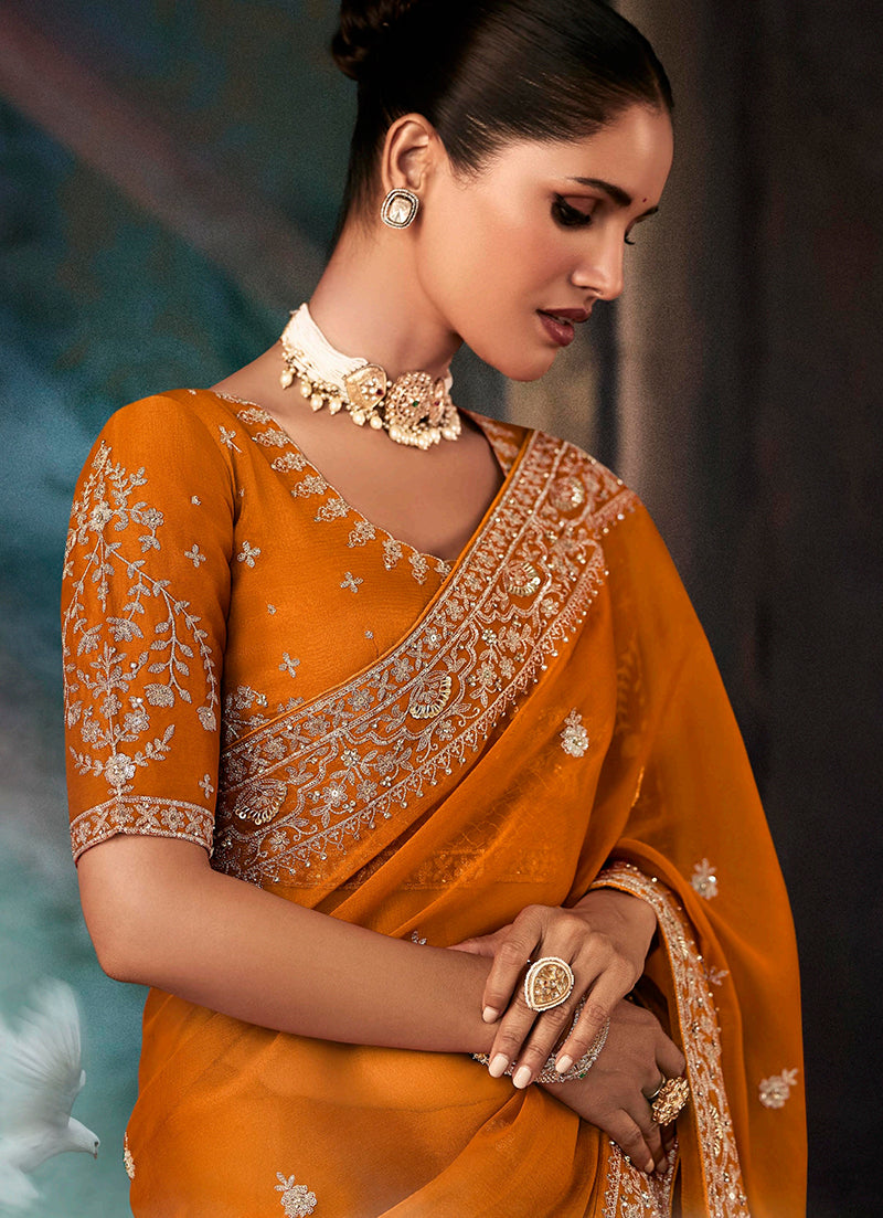 Orange Fancy Fabric Bridal Reception Wedding Saree