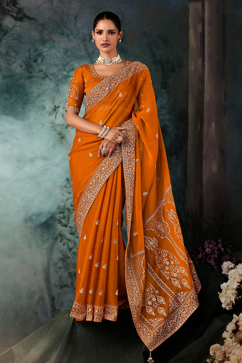 Orange Fancy Fabric Bridal Reception Wedding Saree