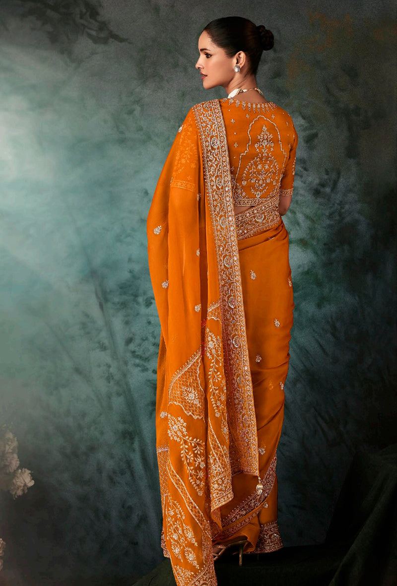 Orange Fancy Fabric Bridal Reception Wedding Saree