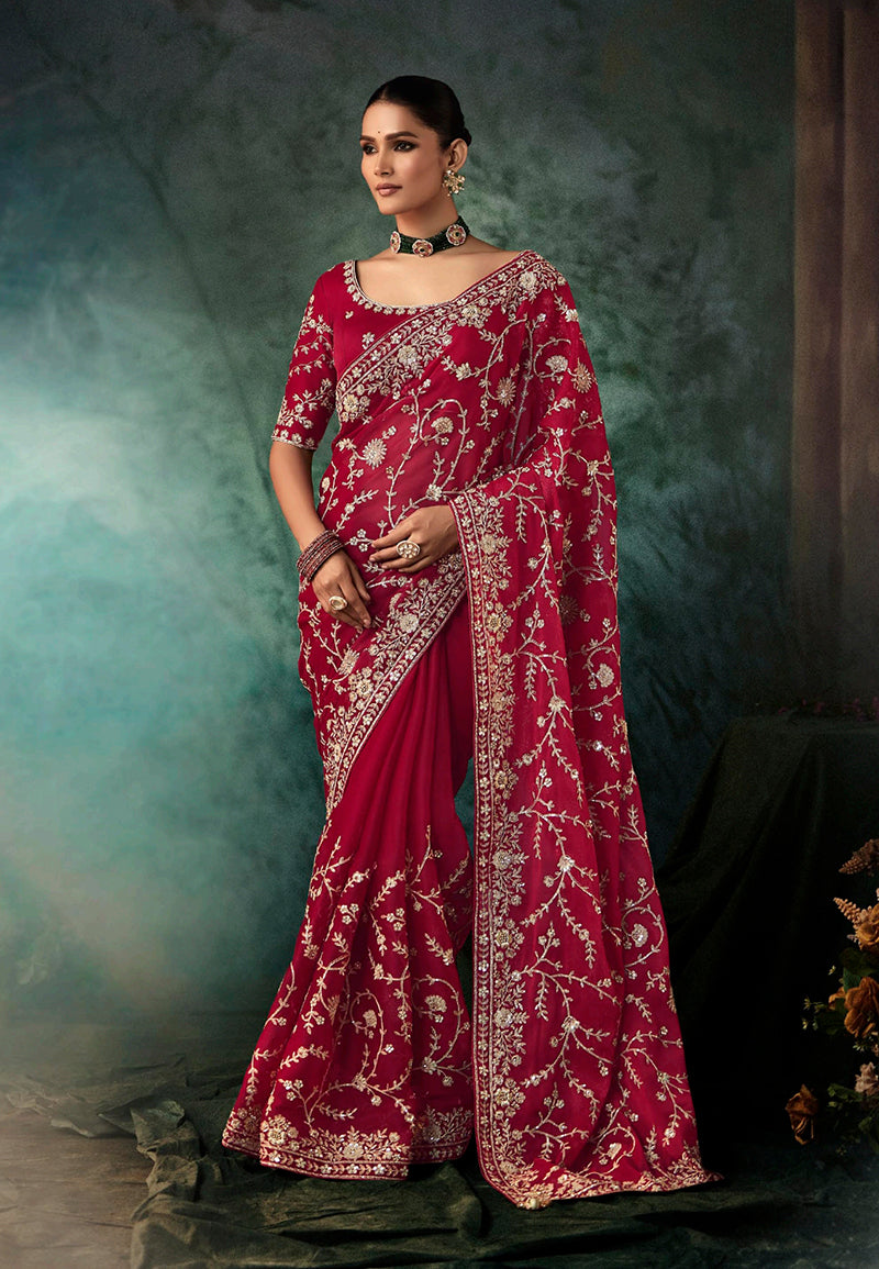 Burgundy faux crepe saree with heavy embroidered border for weddings and bridal events