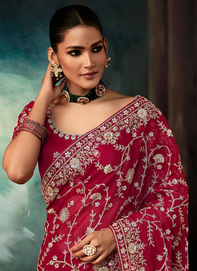 Burgundy Faux Crepe Embroidered Wedding Reception Saree