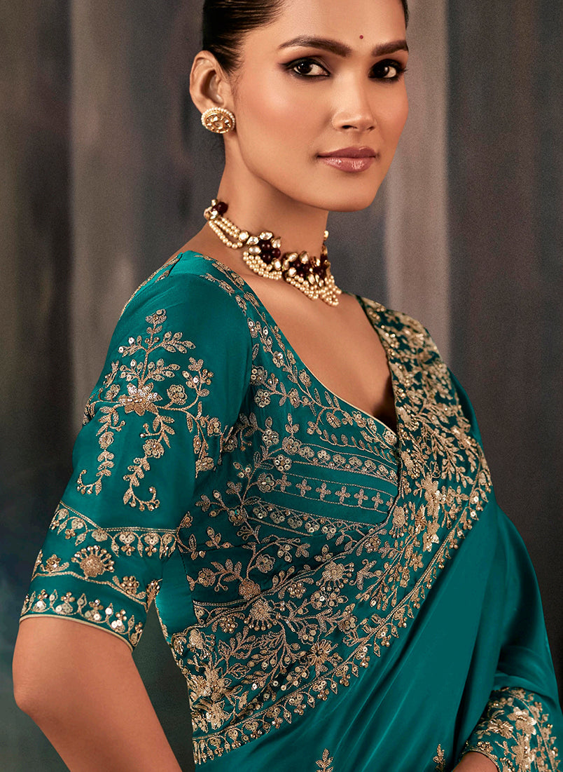 Teal Faux Satin Embroidered Saree with Heavy Border for Weddings