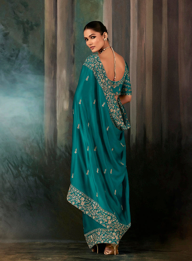 Teal Faux Satin Embroidered Saree with Heavy Border for Weddings