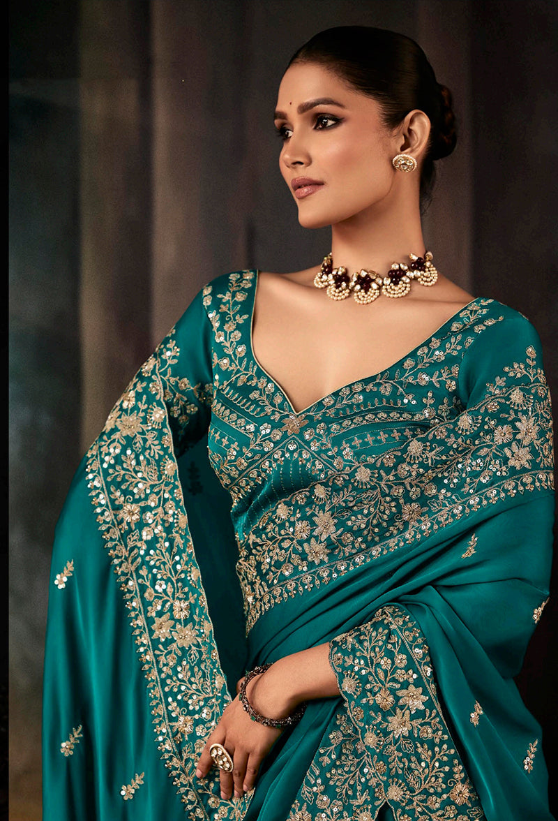 Teal Faux Satin Embroidered Saree with Heavy Border for Weddings