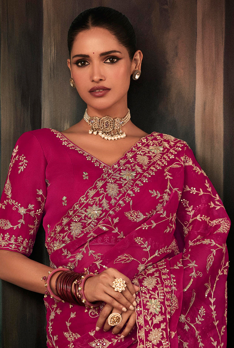 Rani Pink Faux Crepe Saree with Heavy Embroidery Bridal Border