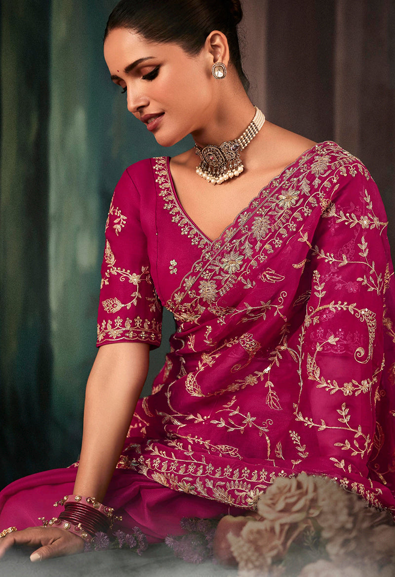 Rani Pink Faux Crepe Saree with Heavy Embroidery Bridal Border