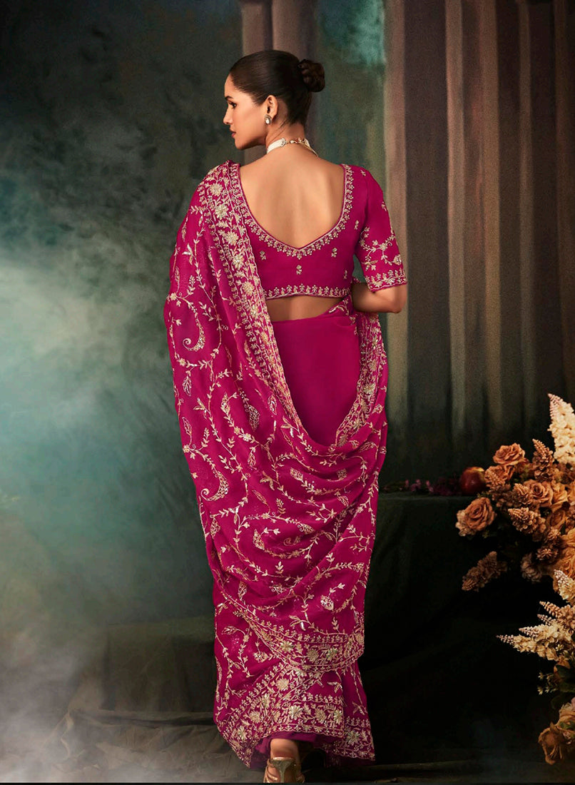 Rani Pink Faux Crepe Saree with Heavy Embroidery Bridal Border