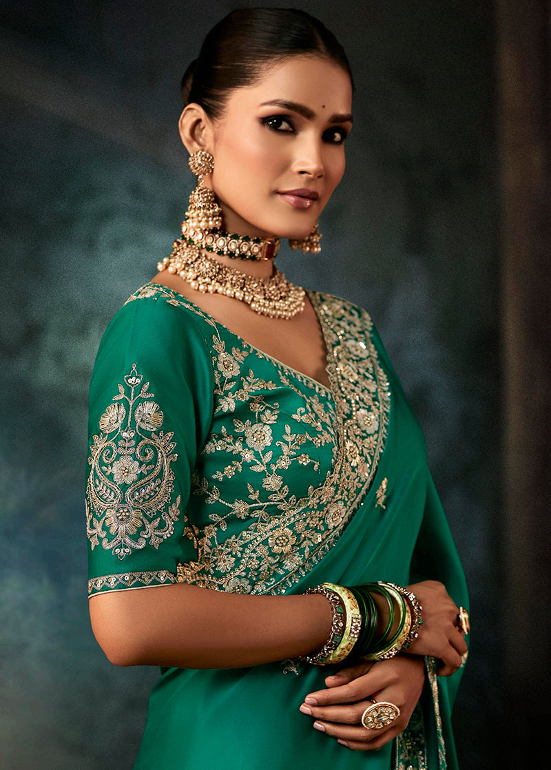 Teal Green Faux Satin Saree with Heavy Embroidery and Border