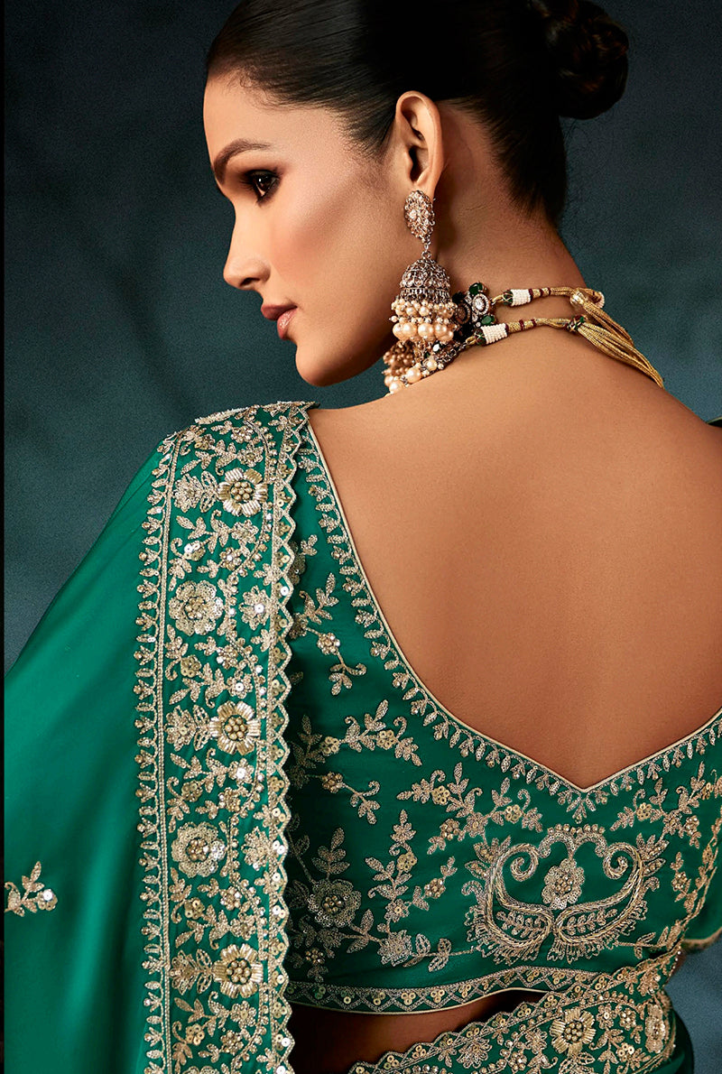 Teal Green Faux Satin Saree with Heavy Embroidery and Border