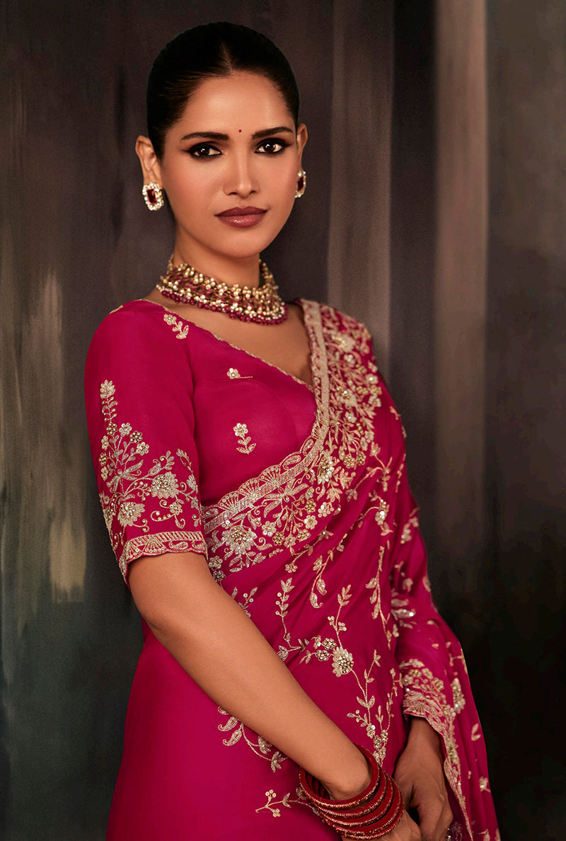 Rani Pink Faux Satin Embroidery Saree with Heavy Border