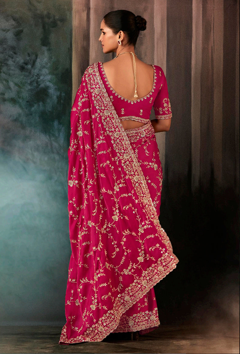 Rani Pink Faux Satin Embroidery Saree with Heavy Border