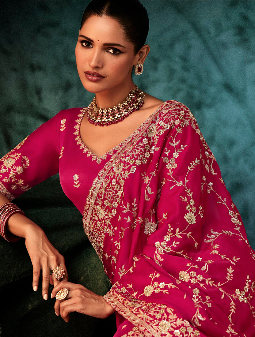 Rani Pink Faux Satin Embroidery Saree with Heavy Border