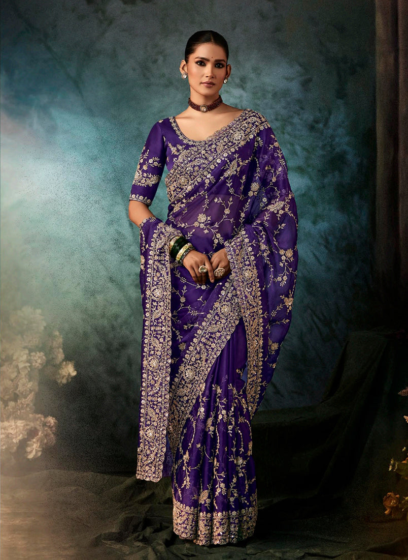 Purple Faux Crepe Embroidered Wedding Saree with Heavy Border