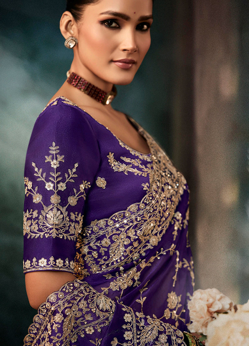 Purple Faux Crepe Embroidered Wedding Saree with Heavy Border