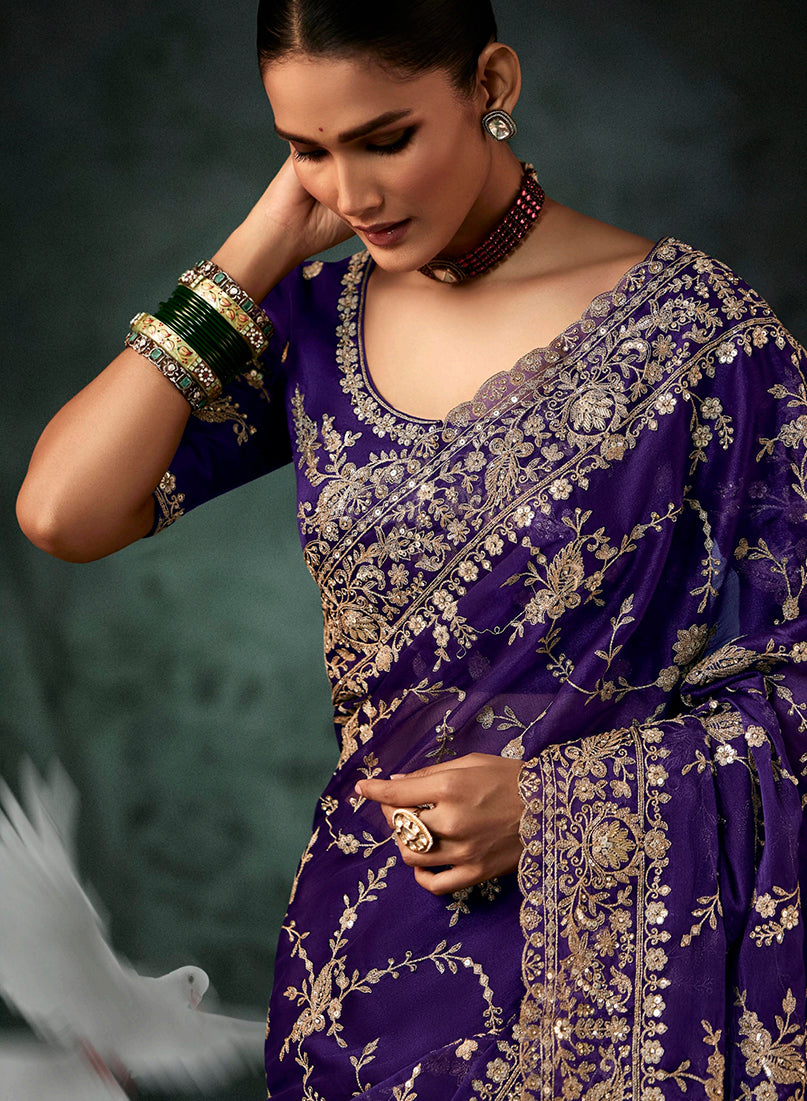 Purple Faux Crepe Embroidered Wedding Saree with Heavy Border