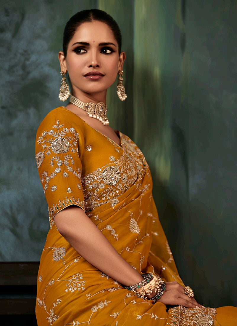Orange Fancy Fabric Embroidered Bridal Reception Wedding Saree