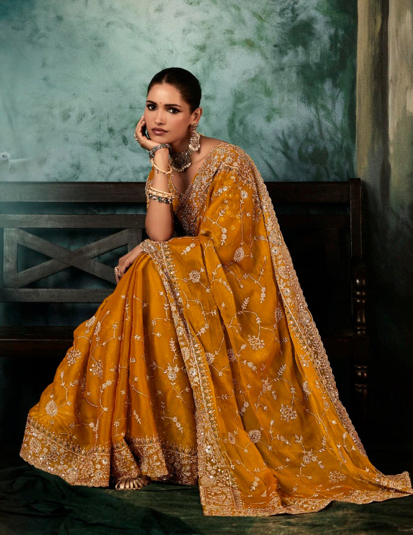 Orange Fancy Fabric Embroidered Bridal Reception Wedding Saree