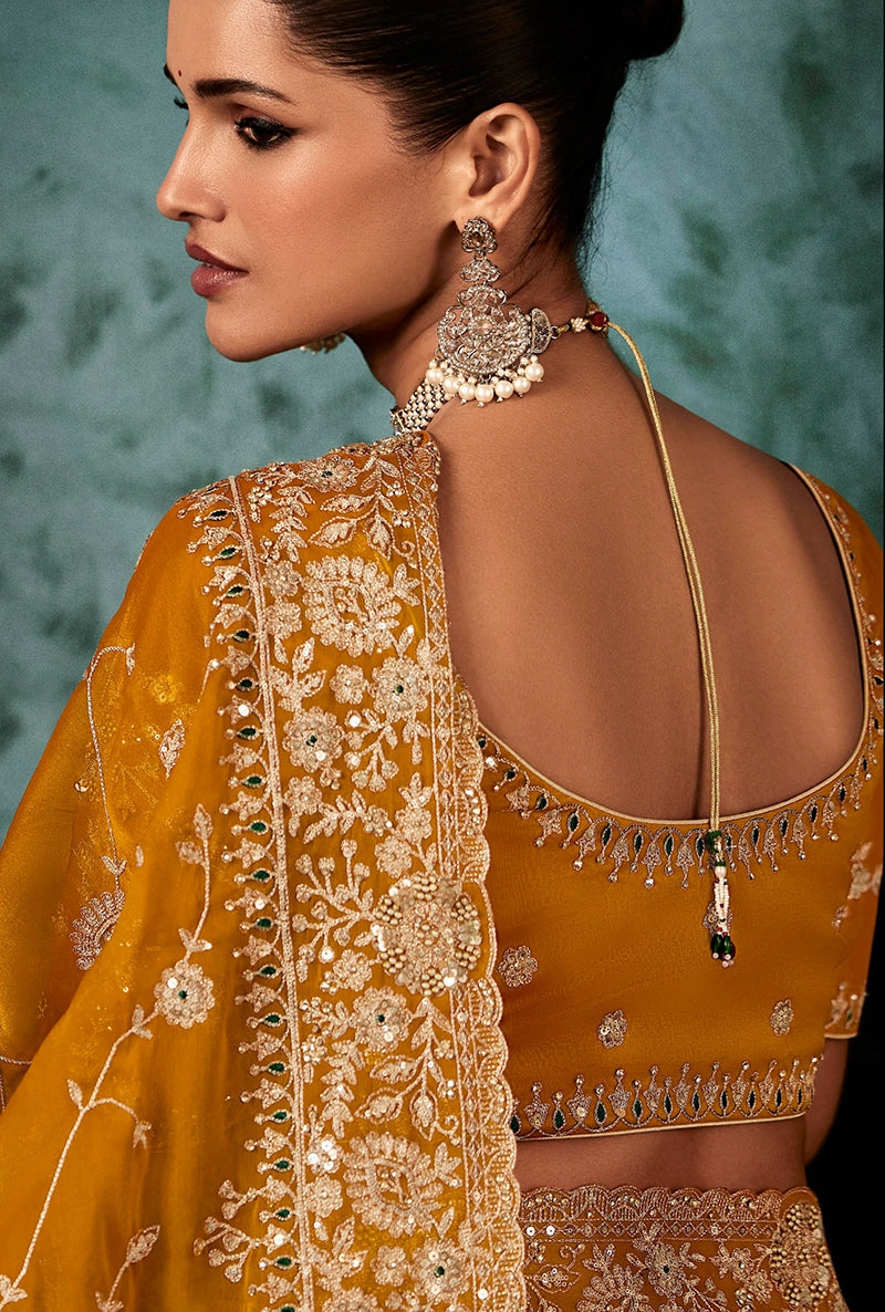 Orange Fancy Fabric Embroidered Bridal Reception Wedding Saree