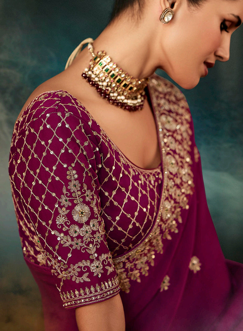 Burgundy Faux Satin Embroidered Bridal Reception Wedding Saree