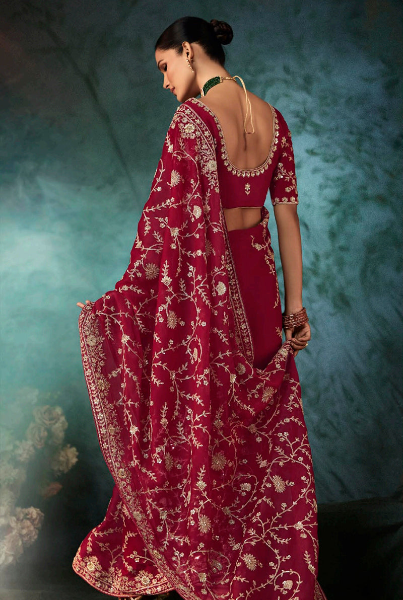 Burgundy Faux Satin Embroidered Bridal Reception Wedding Saree