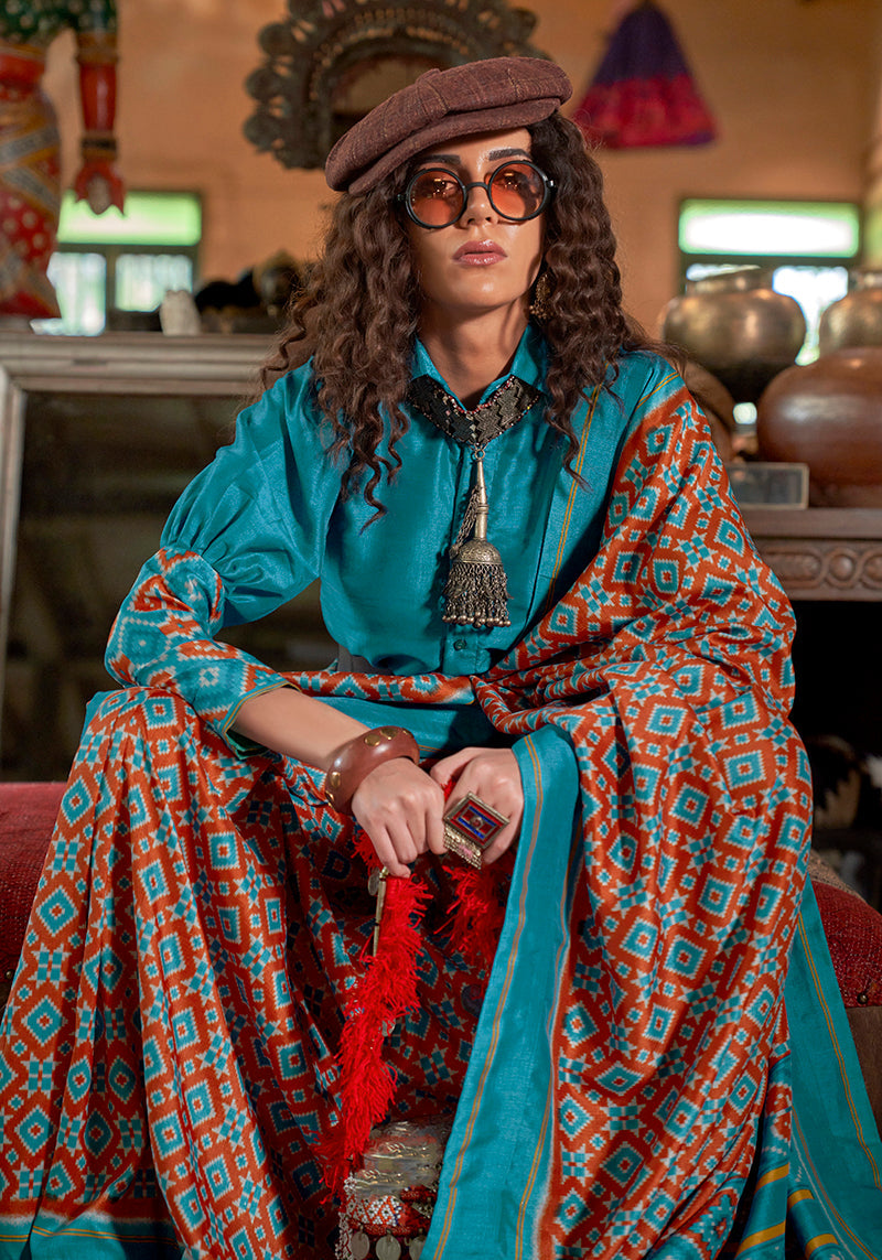 Aqua Blue and Rust Ikat Print Silk Blend Saree with Contrast Border