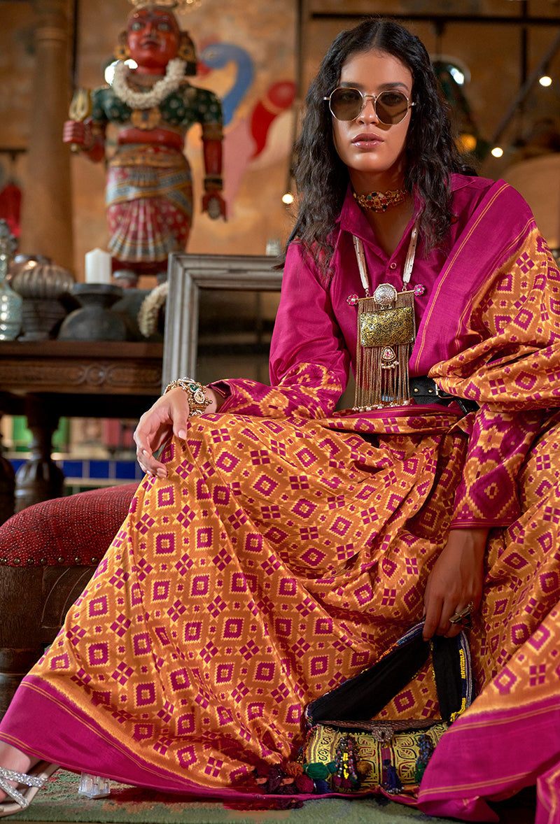 Mustard and Magenta Pink Silk Blend Ikat Print Saree