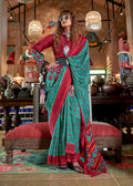 Turquoise and Maroon Silk Blend Ikat Print Contemporary Saree