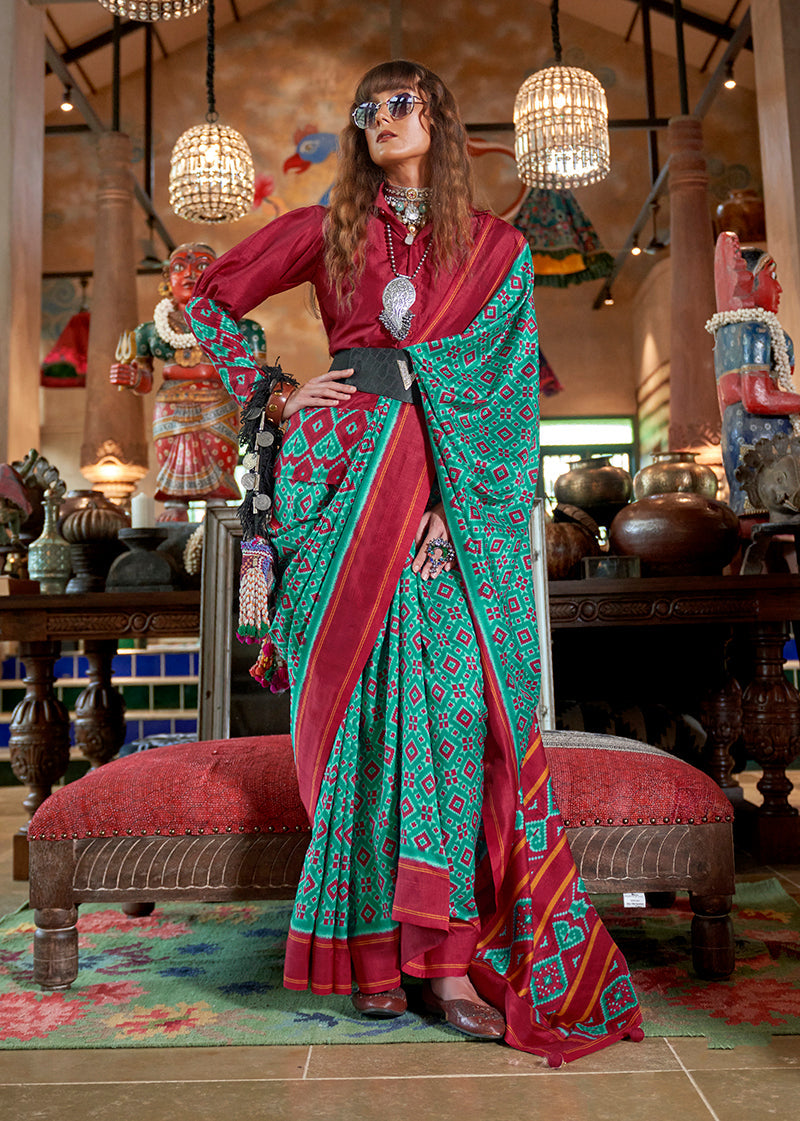 Turquoise and Maroon Silk Blend Ikat Print Contemporary Saree