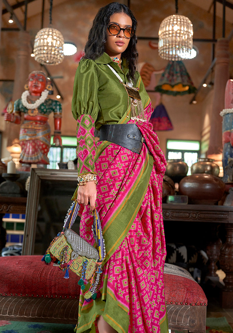 Rani Pink and Green Silk Blend Ikat Print Contemporary Saree