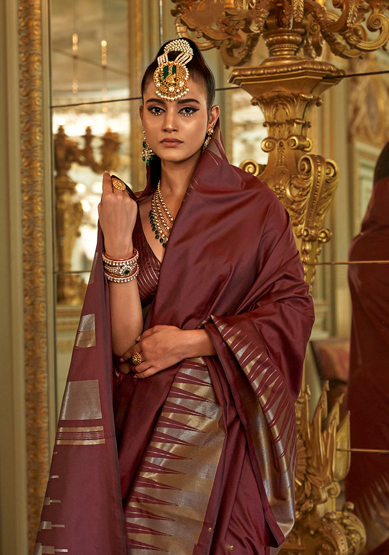 Maroon Silk Blend Classic Saree with Intricate Weaving Work