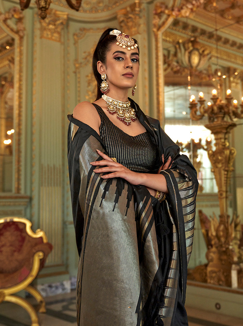 Black Silk Blend Saree with Weaving Work and Matching Blouse