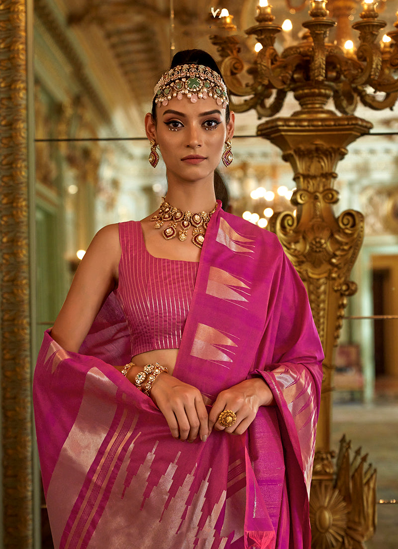 Hot Pink Silk Blend Classic Saree with Weaving Work