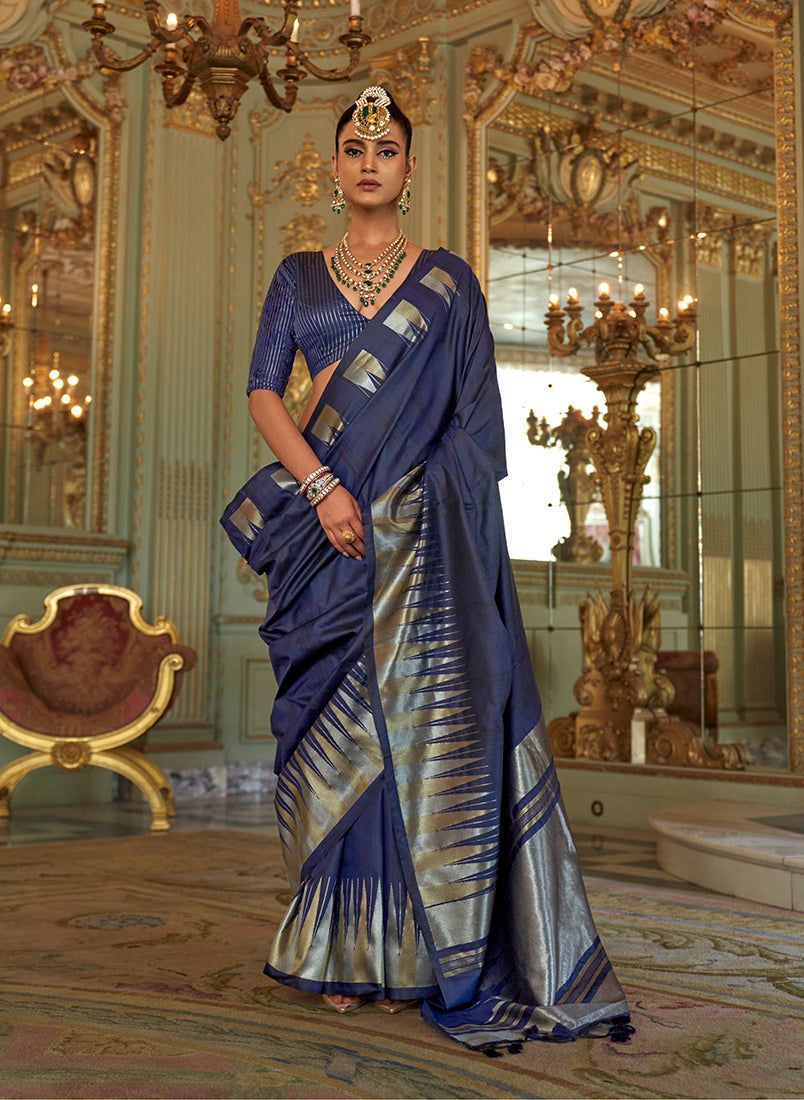 Elegant navy blue silk blend saree with intricate traditional weaving work