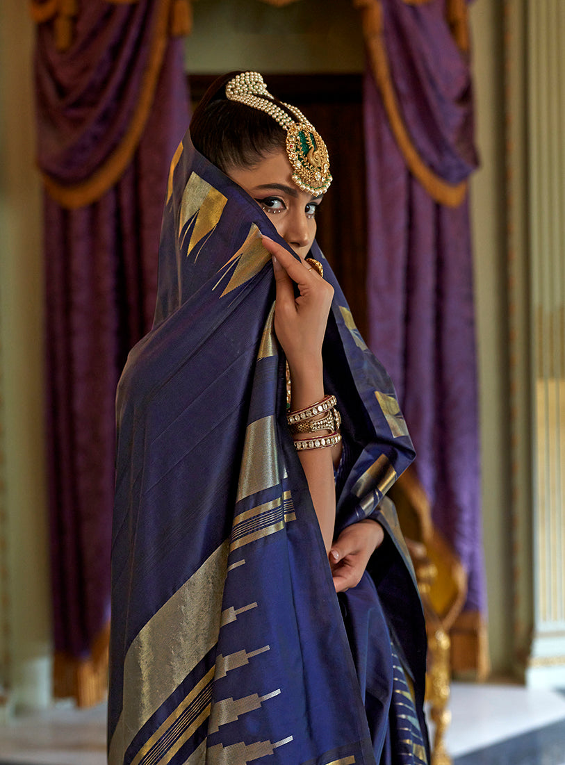Navy Blue Silk Blend Saree with Intricate Weaving Work