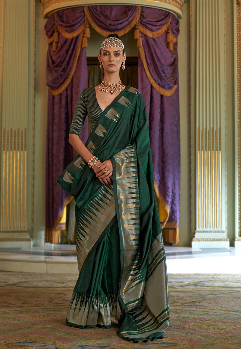 Bottle Green Silk Blend saree with traditional intricate weaving work details.