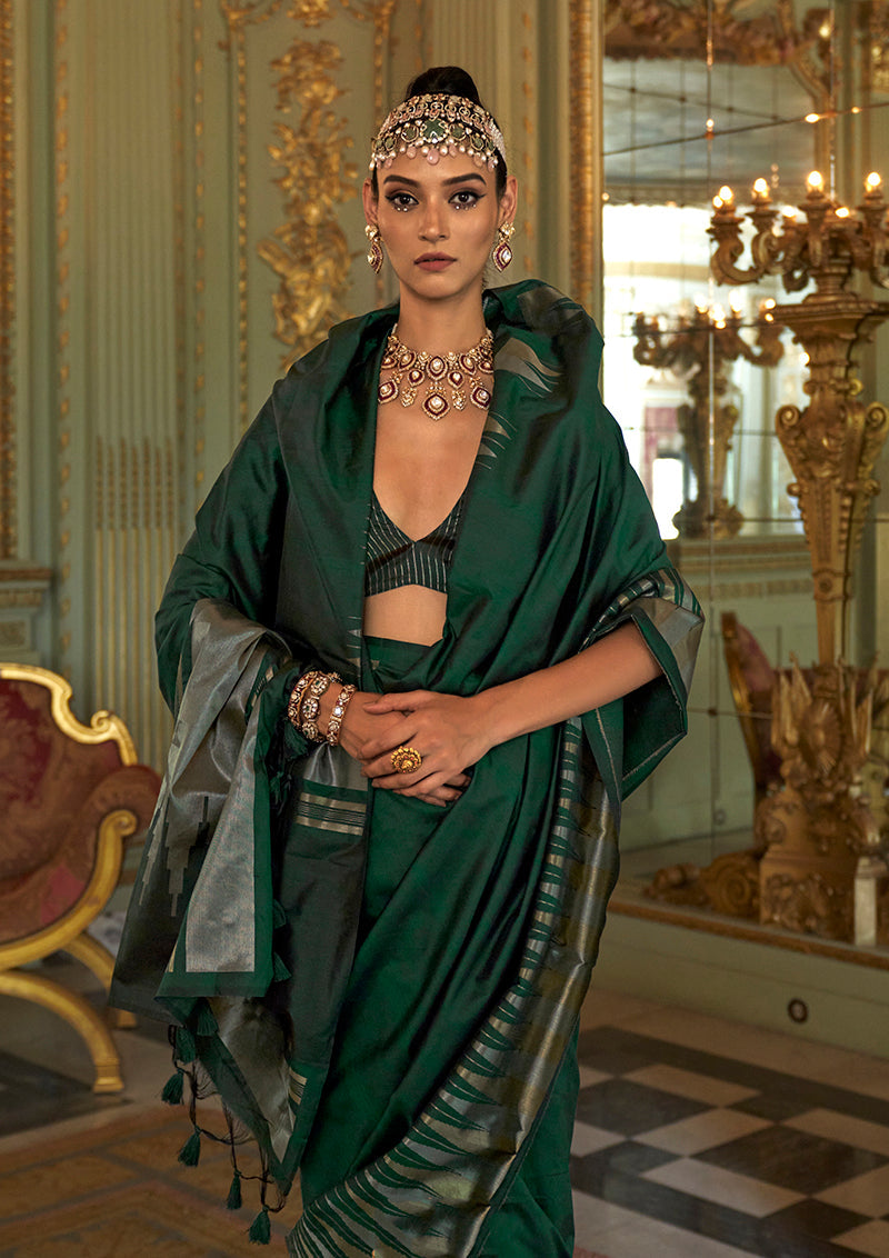 Bottle Green Silk Blend Saree with Traditional Weaving Work