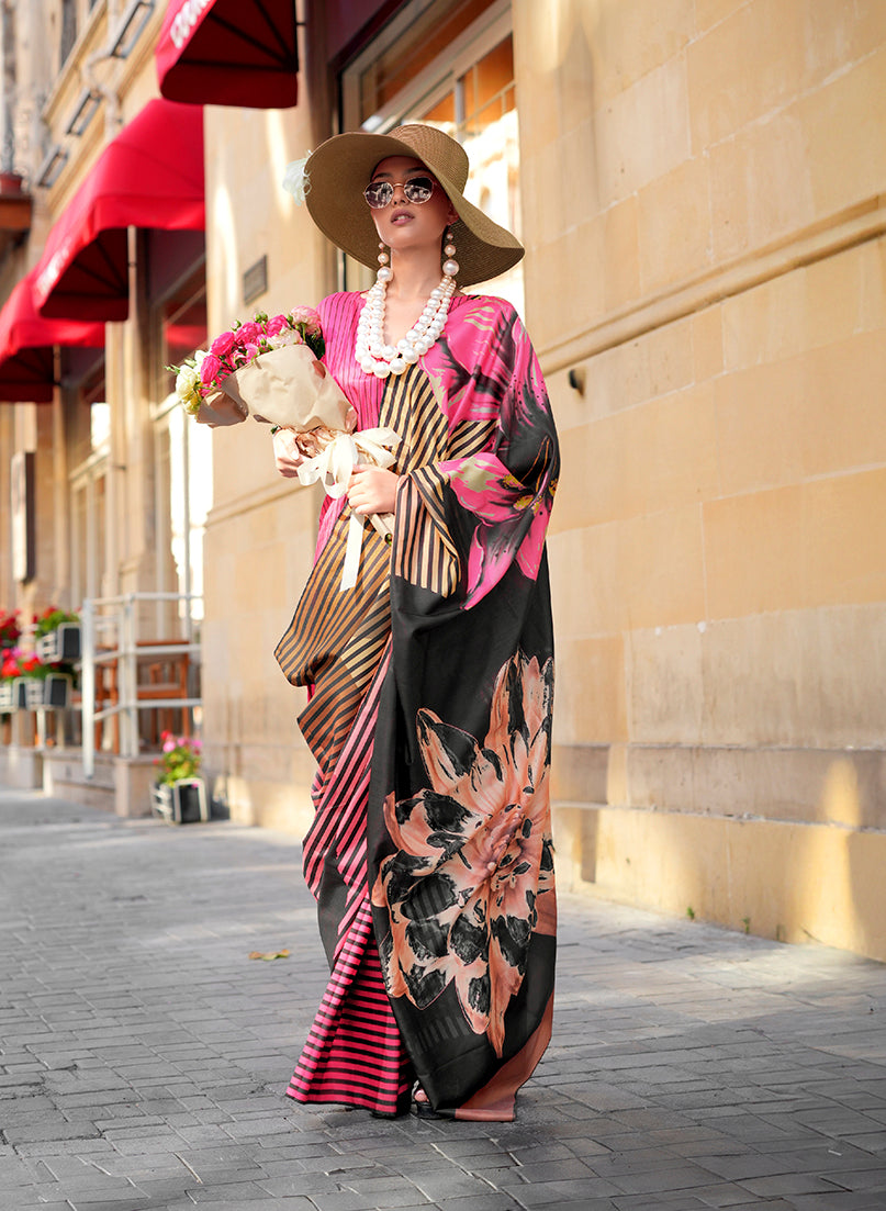 Multi-colour digital print saree in silk blend fabric