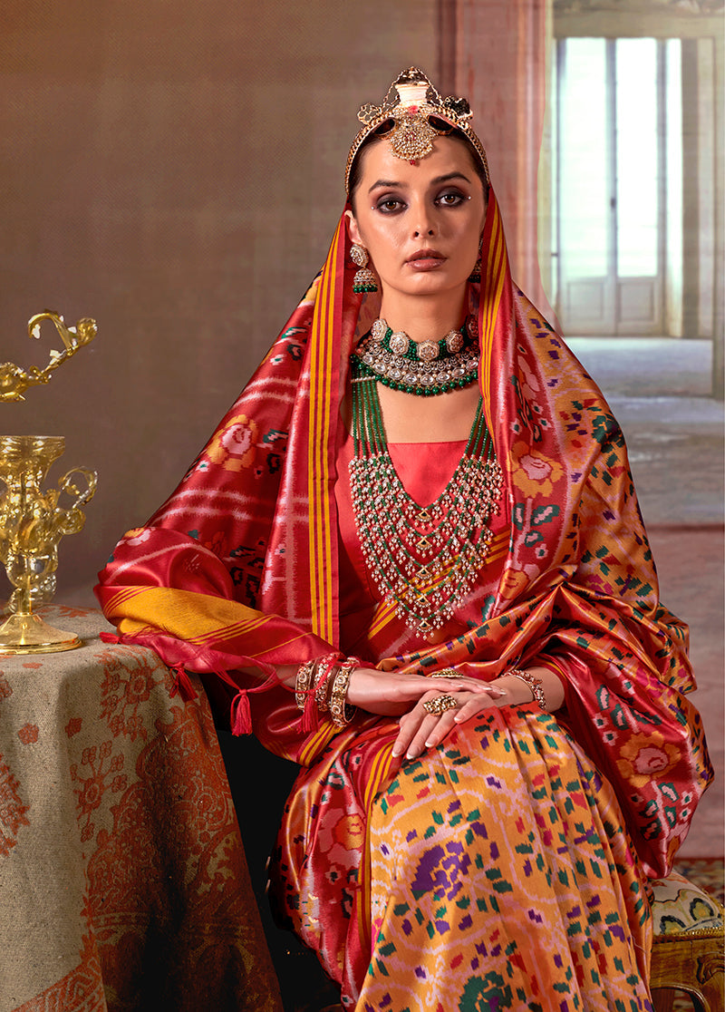 Yellow Silk Blend Patola Print Saree with Contrast Red Blouse
