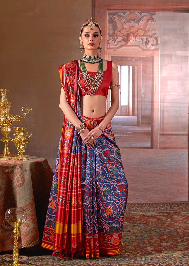 Navy Blue Silk Blend Patola Print Saree with Contrast Red Blouse