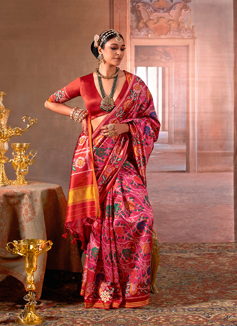Pink Patola Print Silk Blend Saree with Contrast Red Blouse
