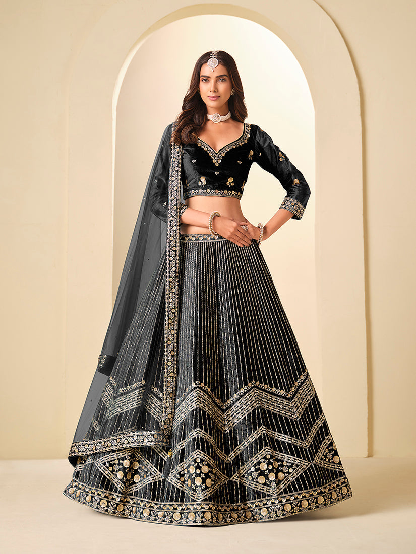 Black velvet A-line lehenga choli decorated with elegant sequins work