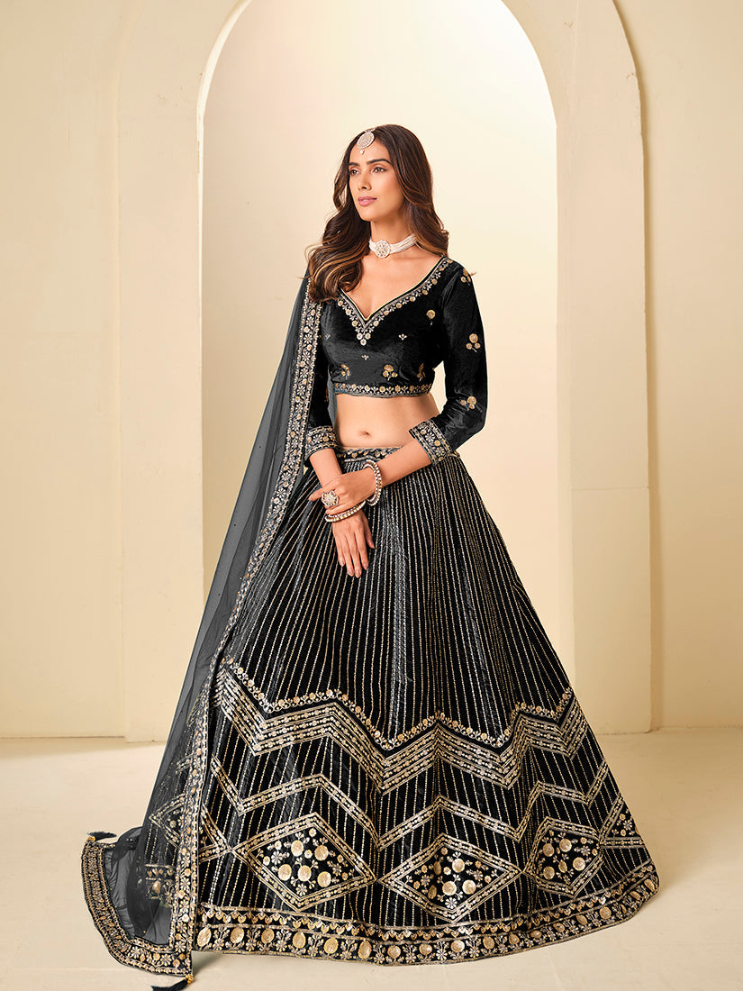 Black Velvet Embroidered Sequins Work A-Line Lehenga Choli