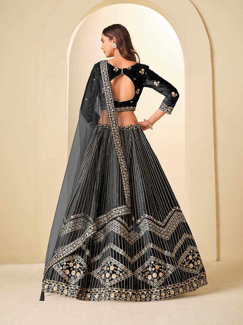 Black Velvet Embroidered Sequins Work A-Line Lehenga Choli