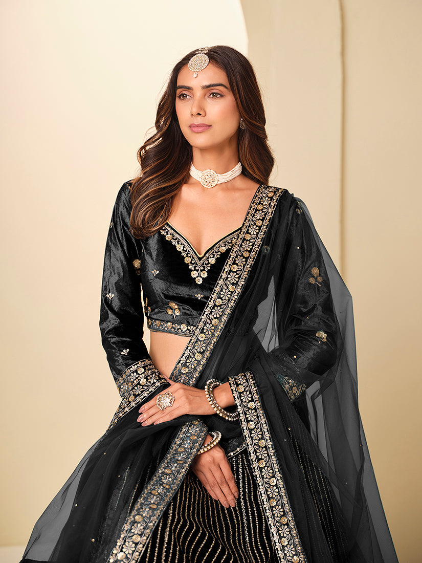 Black Velvet Embroidered Sequins Work A-Line Lehenga Choli