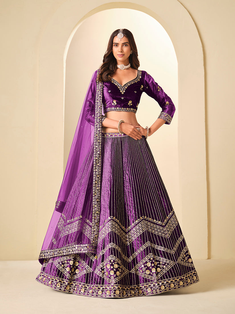 Purple velvet A-line lehenga choli with ornate sequin and thread embroidery