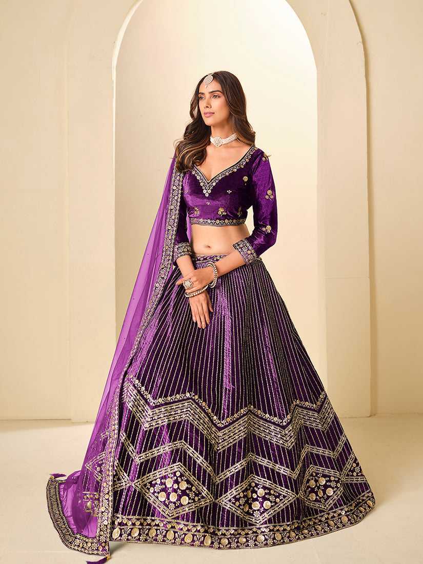 Purple Velvet A Line Lehenga Choli with Embroidered Sequins